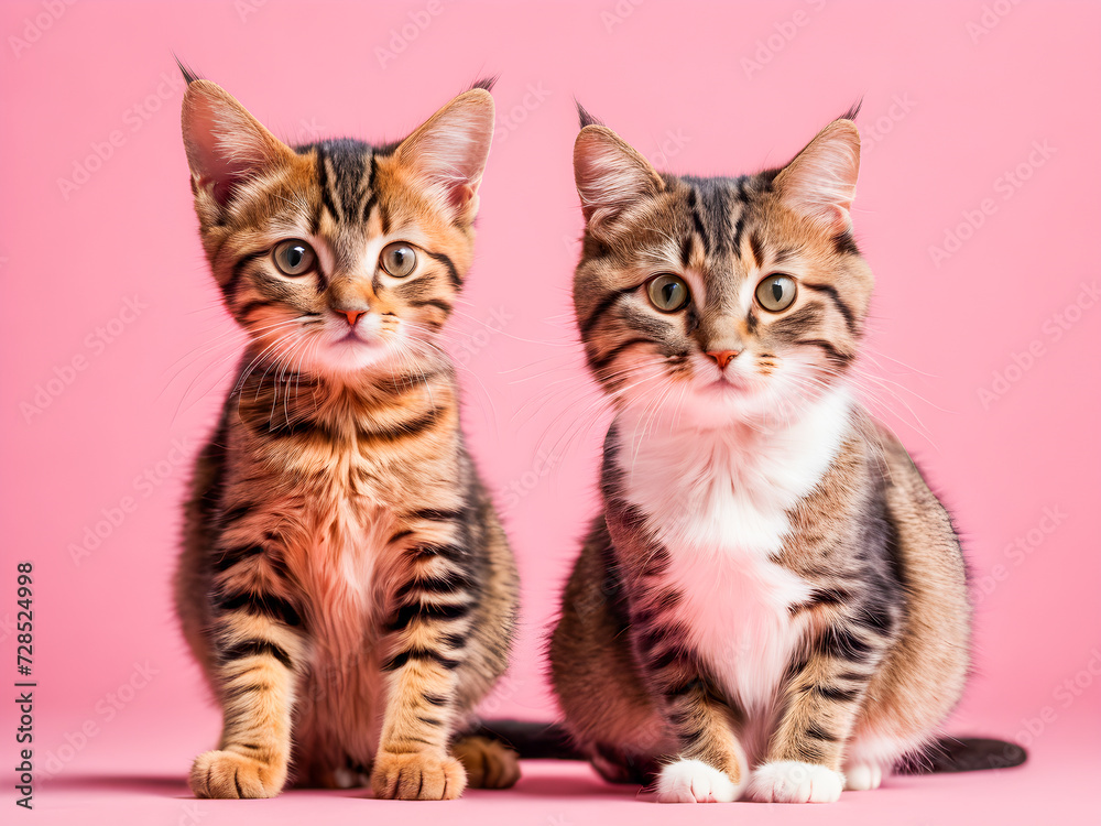 Two cute bengal kittens sitting and looking at camera on pink background
