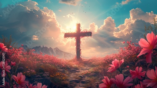 Beautiful fantasy landscape of crucifixion transformed into a blooming cross , easter celebration, flowers and mountains photo