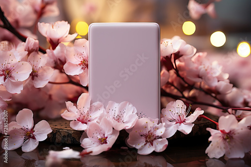 Smartphone amidst blooming cherry blossoms and lights Generative AI image photo