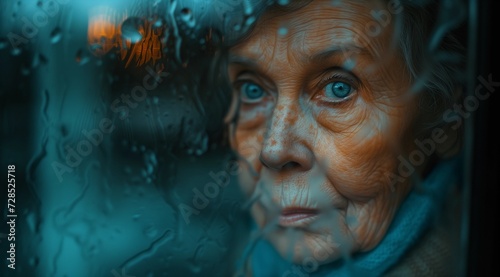 Senior Woman Gazing Through a Rainy Window