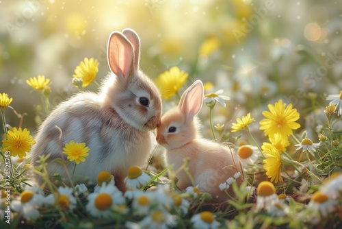 Cute Rabbits in a Spring Daisy Field
