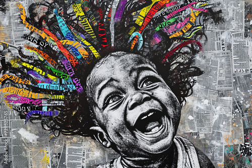 Generative AI illustration of vibrant street art collage depicts a joyful black boy with a colorful crown of feathers on his head, all set against a newspaper print background