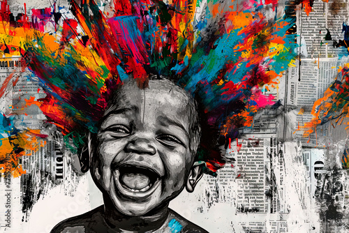 Generative AI illustration of exuberant black boy is featured in a striking collage with a burst of colorful paint splashes for hair against a monochrome newspaper backdrop photo