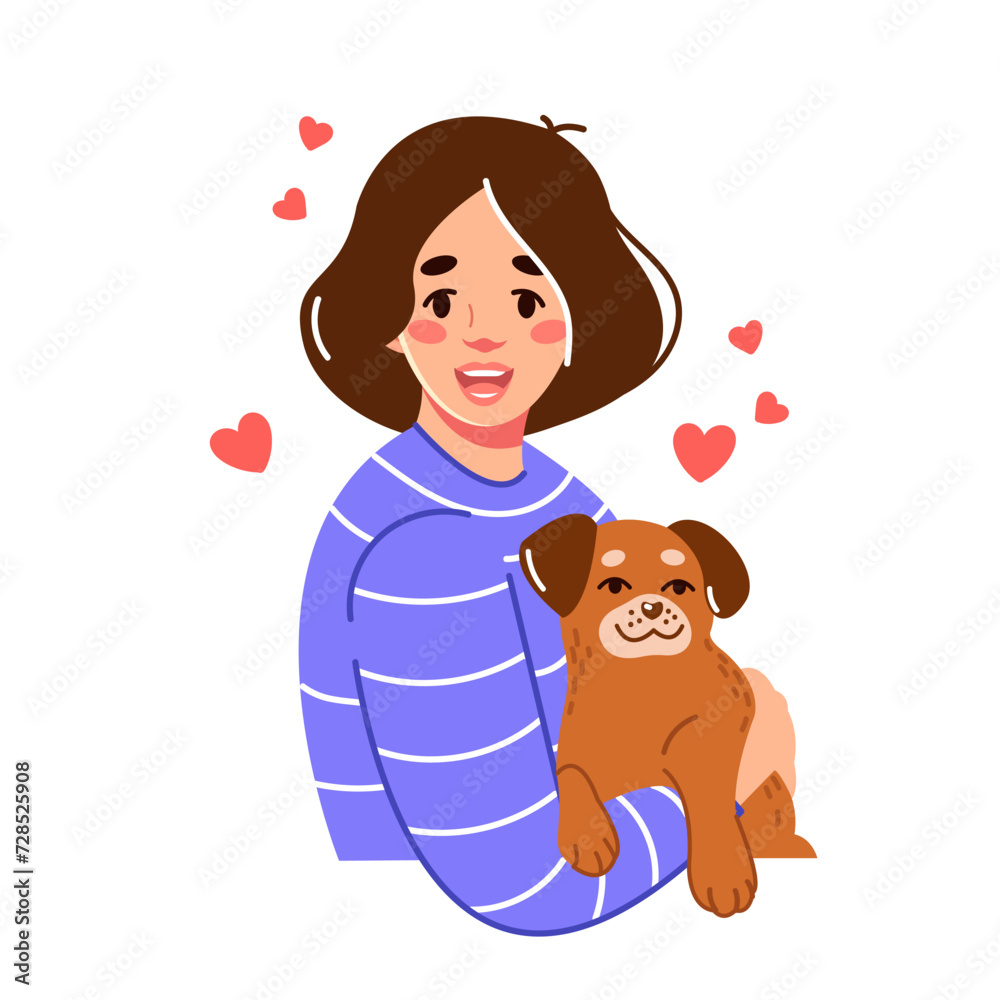 Portrait of the owner of a cute pet. A woman with a small adorable puppy in her arms. Vector flat illustration for a mobile application or website