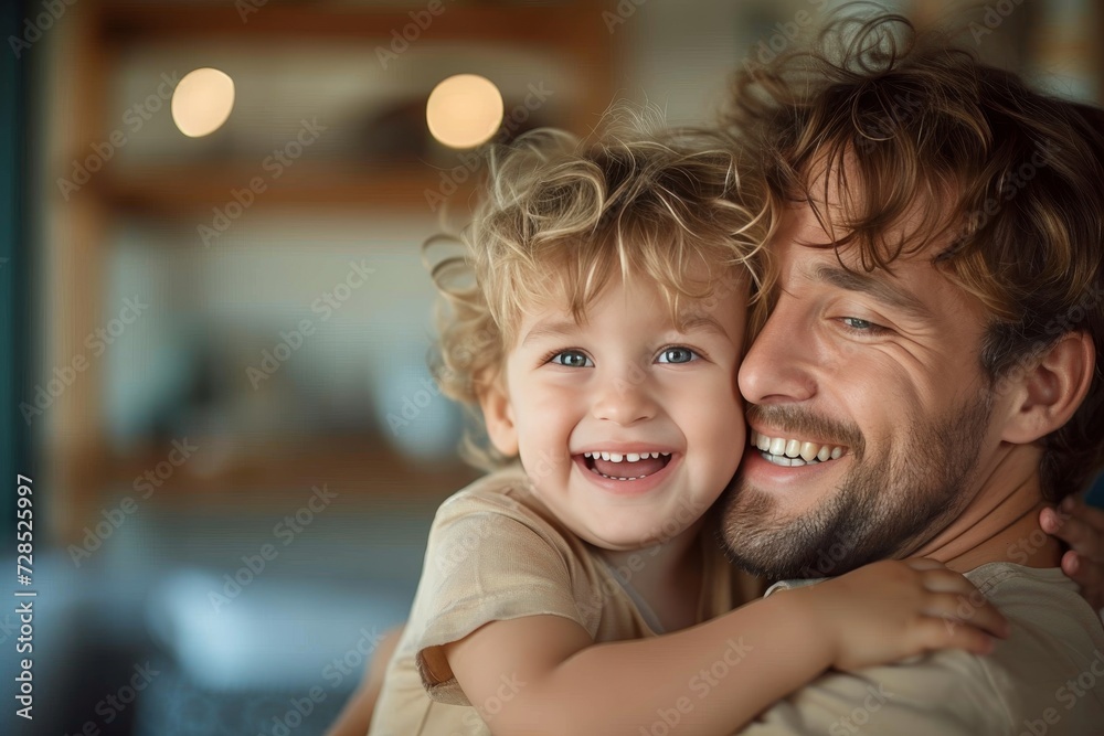 A joyful father cradles his son in his arms, their beaming faces and tender embrace capturing the essence of unconditional love and familial bliss A joyful father cradles his son in his arms, their beaming faces and tender embrace capturing the essence of unconditional love and familial bliss