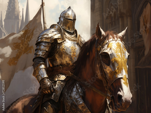 Knight in armor on horseback. Digital art.