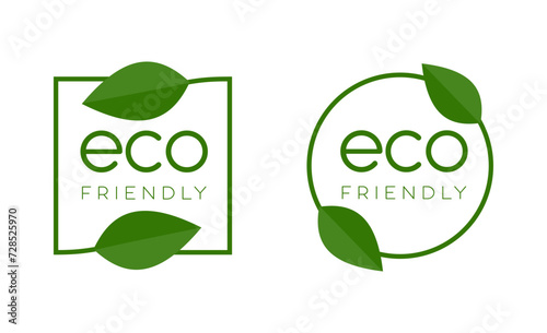 Set of vector eco friendly icons. Collection of ecological organic and natural food product labels. Ecologically friendly product sign in square and round shape isolated. Ecology concept. Vector