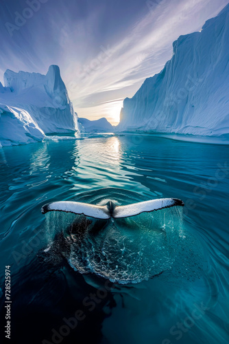 Majestic whale tail at sunset in icy waters Generative AI image photo