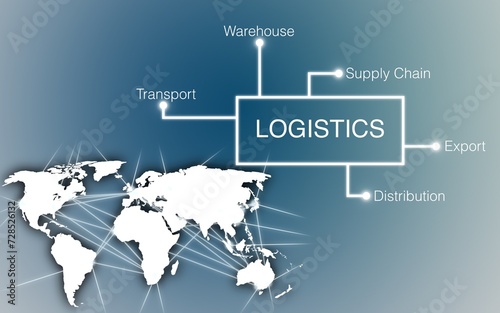 Logistics - blue background with world map and linked dots, parcel handling center, supply chain, distribution center, globalization, sales, supply chain