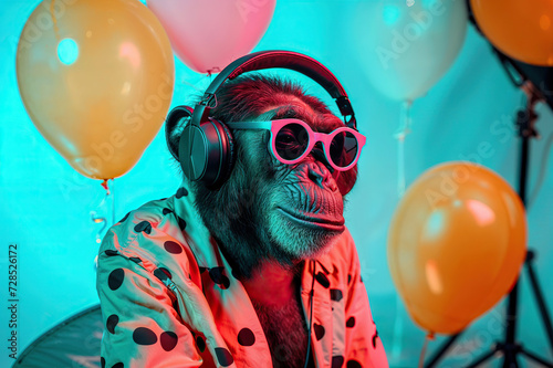 Monkey Wearing Headphones and Pink Sunglasses. Generative AI. photo