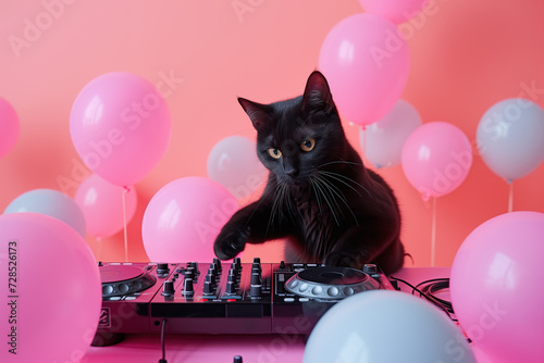 Black Cat Sitting on DJs Turntable Surrounded by Balloons. Generative AI. photo