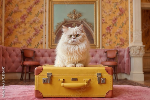 Cat Sitting on Top of a Yellow Suitcase. Generative AI. photo
