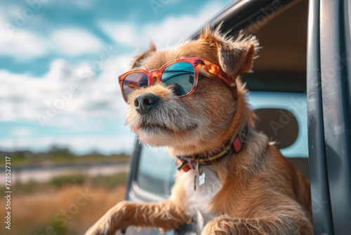 A stylish pup enjoys the sunny day with its fashionable goggles and shades, cruising in a car while taking in the breathtaking view of the sky