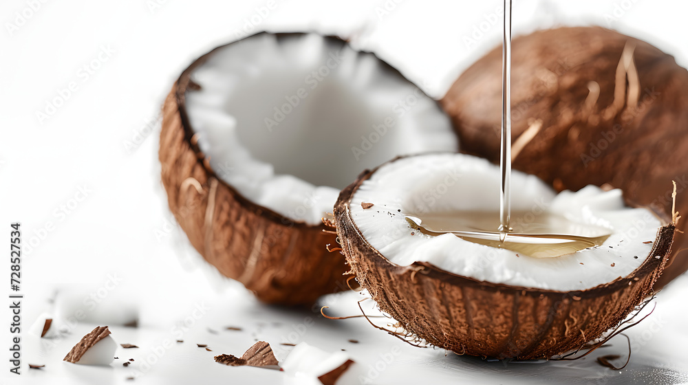 Fototapeta premium Coconut oil dripping from coconut cut in half on white background