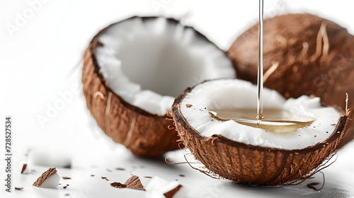 Coconut oil dripping from coconut cut in half on white background 
