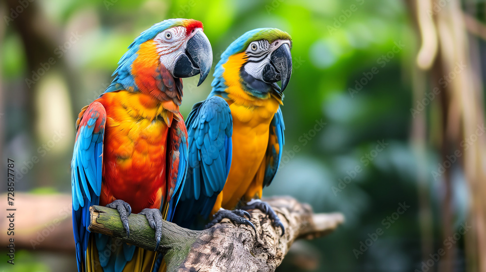 parrots macaws  pair of colorful tropical birds wildlife