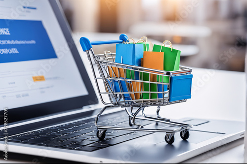 Shopping cart with shopping bags on laptop keyboard. Online shopping concept.