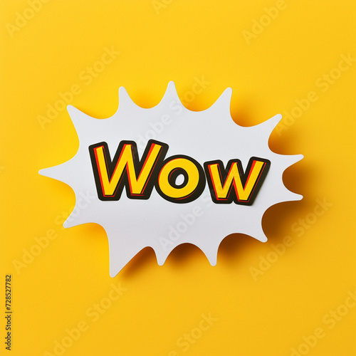 Paper speech bubble with the word Wow on a yellow background. Top view with copy space. Flat lay, ai technology