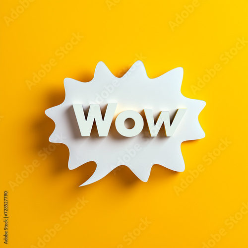Paper speech bubble with the word Wow on a yellow background. Top view with copy space. Flat lay, ai technology