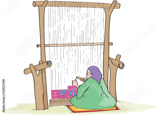 Elderly woman weaving a handcrafted rug on a carpet loom. Woman producing at the carpet loom.