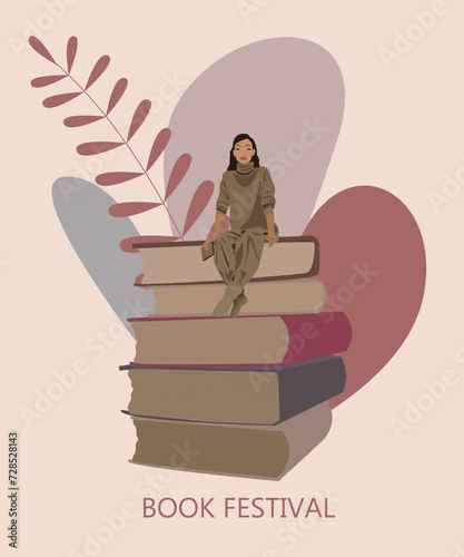 Book Festival Concept. A girl sitting on a stack of books. Advertisement of reading. Vector illustration. Book exchange. Eps 10. Books on a beige background and colors. 