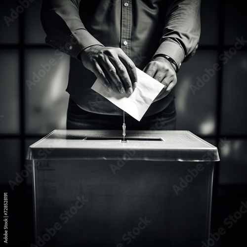 Hand throws a ballot paper into the ballot box black and white image high quality AI generated image
