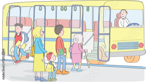 People getting on the bus. Elderly people are given priority.