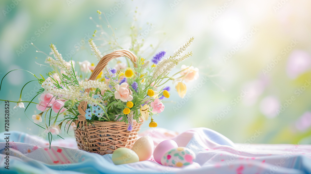 Easter banner with eggs and wicker basket with wildflowers. Pastel colors soft morning light