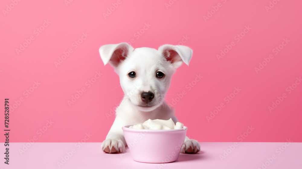 a front view of cute dog eating Plain yogurt in a bowl on a bright colored background_.jpg