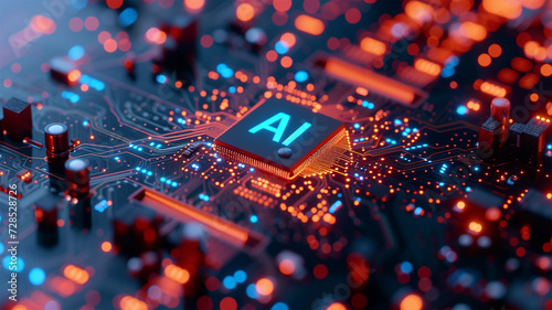 a complex circuit board, illustrating the integration of artificial intelligence technology with electronic hardware.