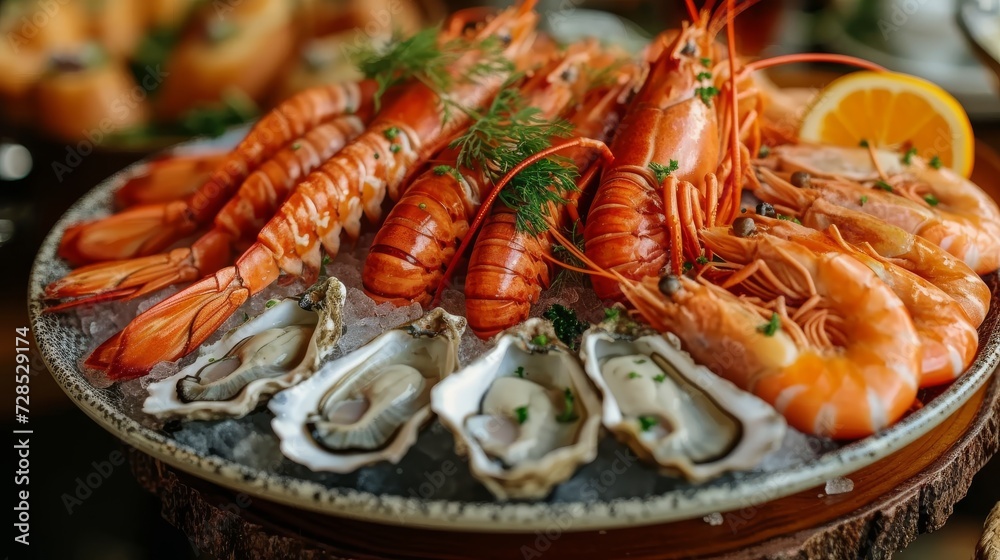 Fresh Seafood Platter, an elegant display of fresh seafood, including lobster, shrimp, and oysters, arranged on a platter. Fresh Seafood Platter, an elegant display of fresh seafood, including lobster, shrimp, and oysters, arranged on a platter.