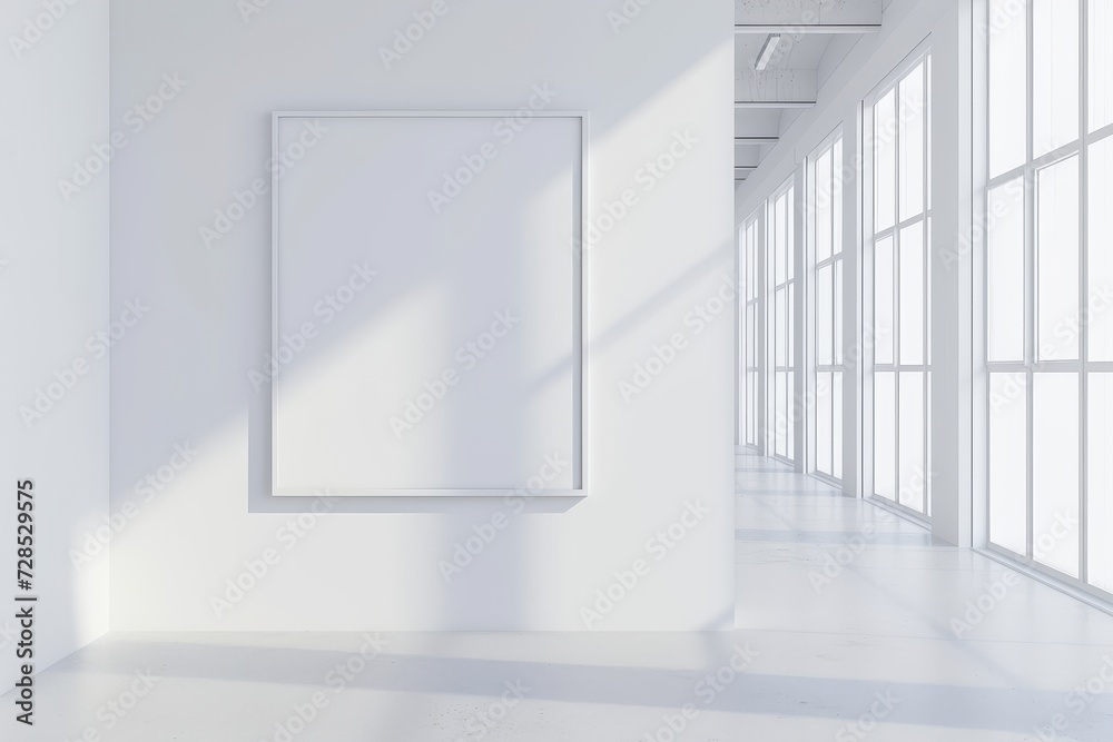 White, light interior, Scandinavian style, Floor-to-ceiling window, Empty large painting on the wall. minimalism. White, light interior, Scandinavian style, Floor-to-ceiling window, Empty large painting on the wall. minimalism.