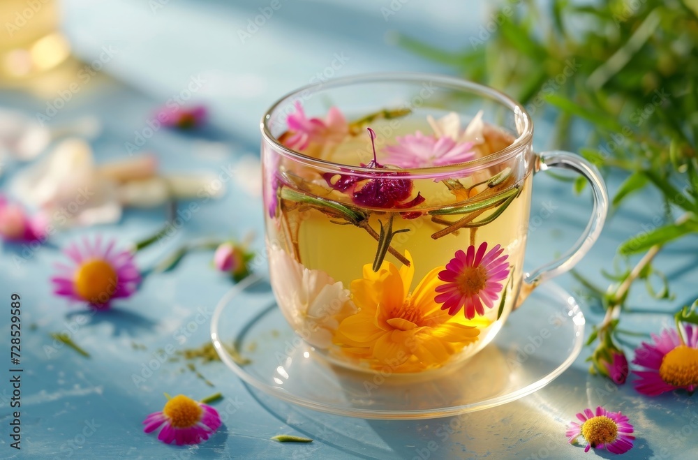 This photo showcases a simple and elegant glass cup filled with water and vibrant flowers, creating a serene and beautiful floral arrangement This photo showcases a simple and elegant glass cup filled with water and vibrant flowers, creating a serene and beautiful floral arrangement