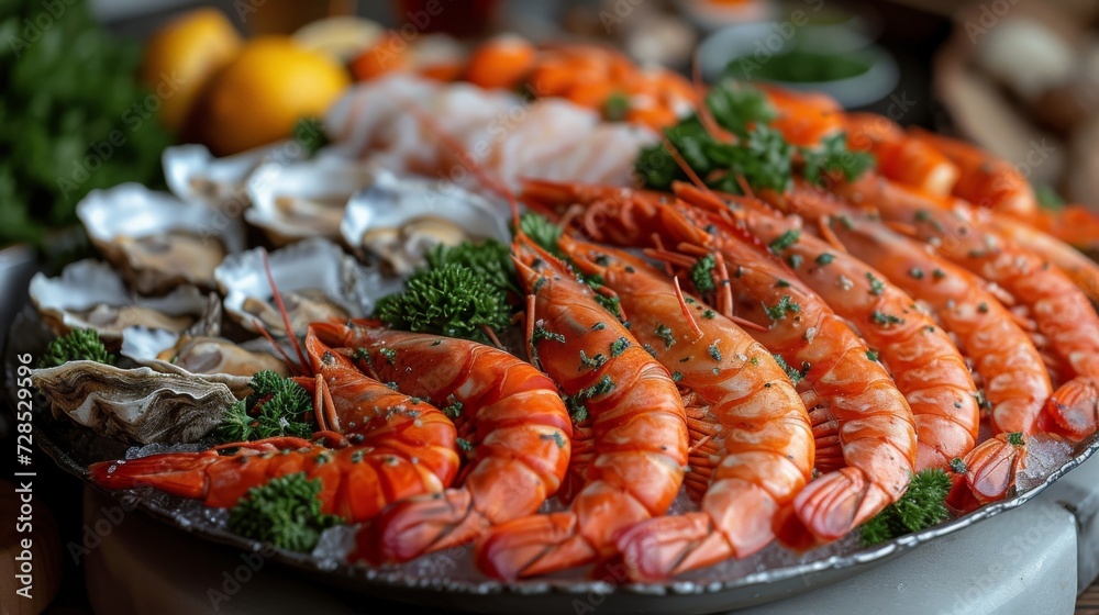 Fresh Seafood Platter, an elegant display of fresh seafood, including lobster, shrimp, and oysters, arranged on a platter. Fresh Seafood Platter, an elegant display of fresh seafood, including lobster, shrimp, and oysters, arranged on a platter.