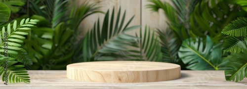 Stone tabletop podium, stand on the background of tropical leaves and plants. A platform or showcase for product presentation.