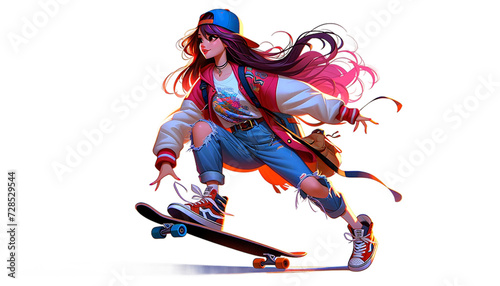 A young girl skateboard doing a jump trick, wearing street-style clothes transparent background 4