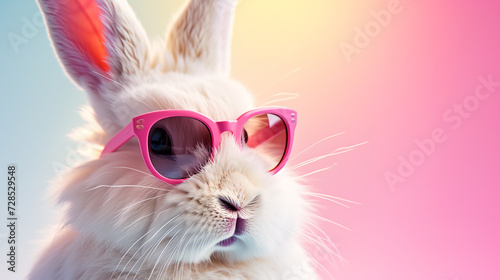 Cute fluffy white bunny in pink sunglasses on pastel neon pink yellow background. Holiday Easter banner card with copy space