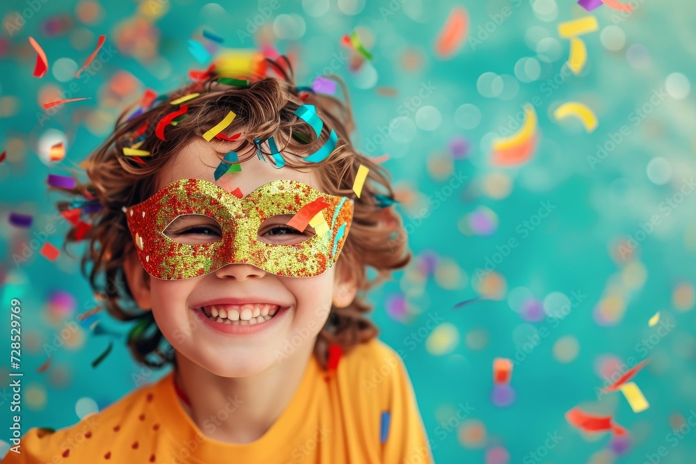 Enfant heureux avec masque pour le Mardi Gras avec confettis Enfant heureux avec masque pour le Mardi Gras avec confettis