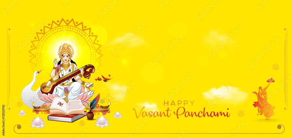 Indian hindu goddess saraswati vasant panchami or spring day festival celebration and puja background. Horizontal banner and copy space.