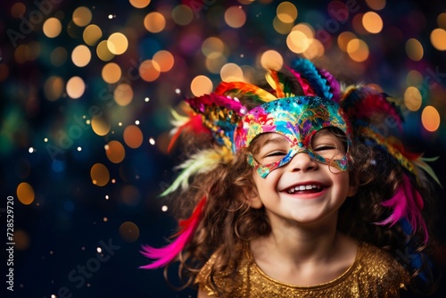 Enfant heureux avec masque pour le Mardi Gras avec confettis photo