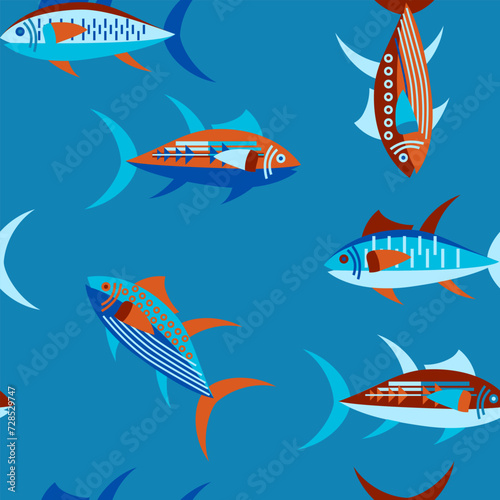 A geometric tuna pattern in blue and reddish colours. 