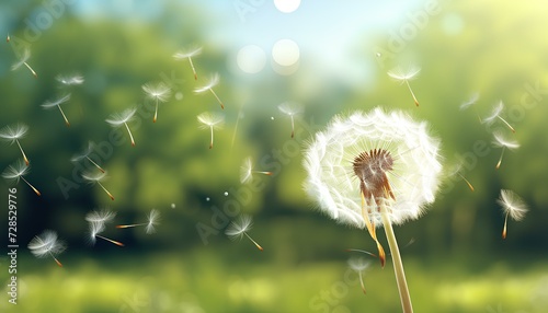 dandelion in the wind. dandelion being blown in the wind during spring time in nature. Dandelion flower floating. Sunshine and spring time nature