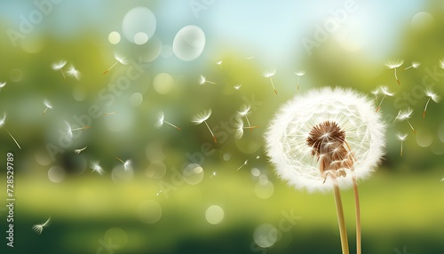 dandelion in the grass. dandelion in the wind. dandelion being blown in the wind during spring time in nature. Dandelion flower floating. Sunshine and spring time nature