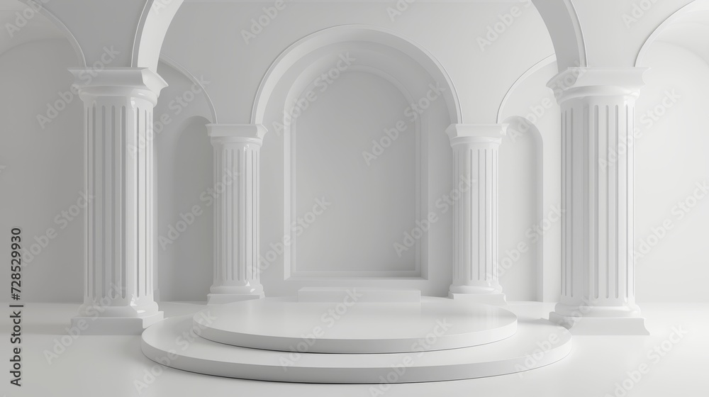 Empty round, white podium shape, for product demonstration, arches on a white background, minimalism. Empty round, white podium shape, for product demonstration, arches on a white background, minimalism.