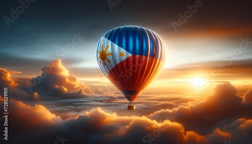 Illustration of a hot air balloon adorned with the philippine flag at sunset. photo