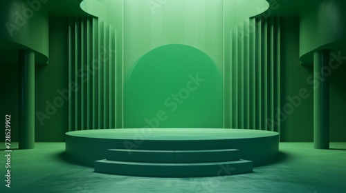 Empty, green, round podium shape, for product demonstration, on a green background, minimalism.