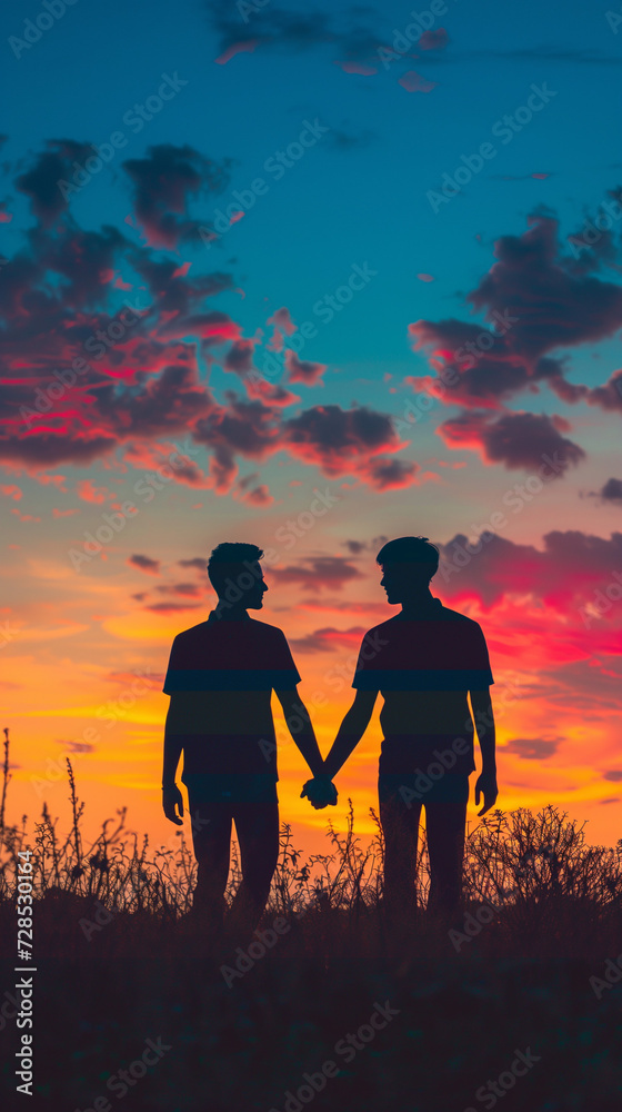 Two hands, intertwined against a vibrant sunset, symbolize the universality of love in a powerful silhouette. A celebration of LGBTQ+ pride and acceptance Two hands, intertwined against a vibrant sunset, symbolize the universality of love in a powerful silhouette. A celebration of LGBTQ+ pride and acceptance