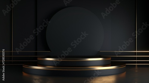 An empty round, black podium shape, with a golden outline, for product demonstration, on a black background, minimalism.