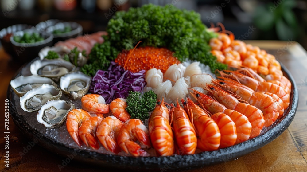 Fresh Seafood Platter, an elegant display of fresh seafood, including lobster, shrimp, and oysters, arranged on a platter. Fresh Seafood Platter, an elegant display of fresh seafood, including lobster, shrimp, and oysters, arranged on a platter.