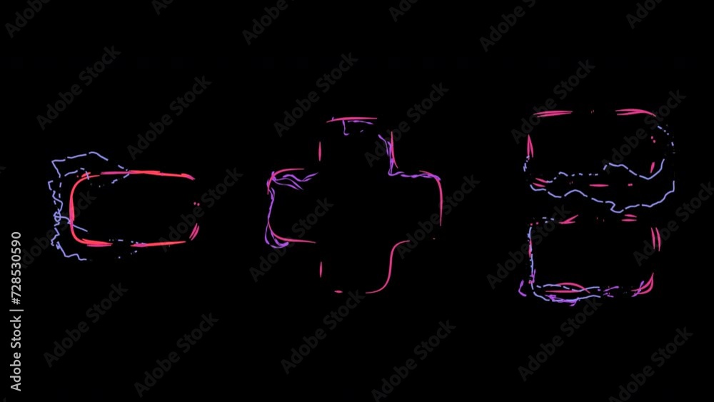 Minus, Plus, Equals made of dynamic bright multicolor neon curves ...